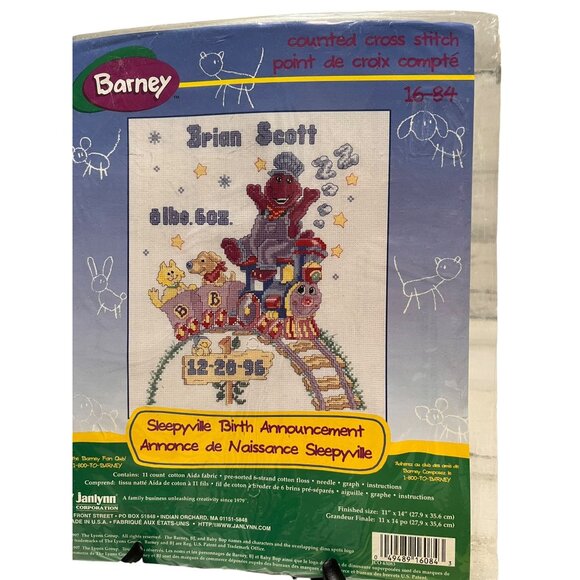 Barney Sleepyville Birth Announcement Counted Cross Stitch Kit 1997 Janlynn NEW - Picture 1 of 6